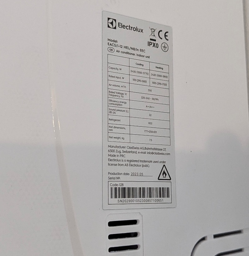 Electrolux EACS/I-12HEL/N8 - specificatii tehnice